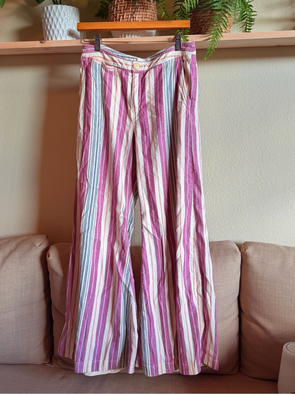 Anthropologie Womens Pink, White & Blue Striped Wide-Leg Pants